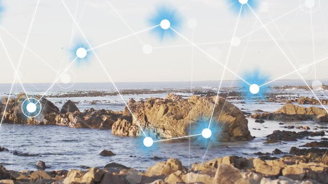 Overlay appearing, blue glowing nodes pulsing, connecting, clustering, visualizing coastal network