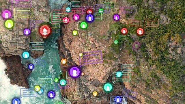 Edge spawning avatars and chat bubbles icons drifting and clustering over rock inlet showing usage