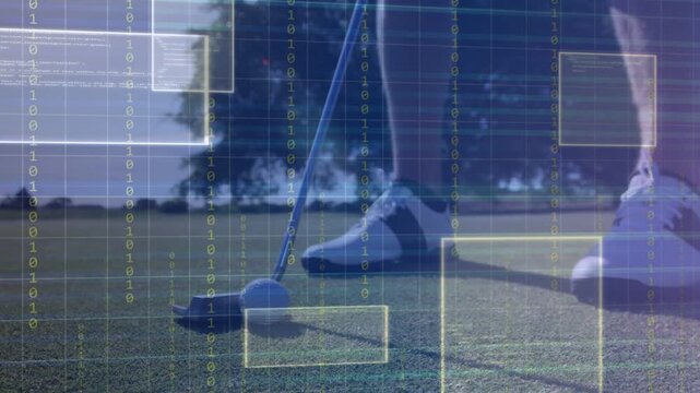 Male golfer preparing putt on golf green, grid appearing then fading while HUD analyzing alignment