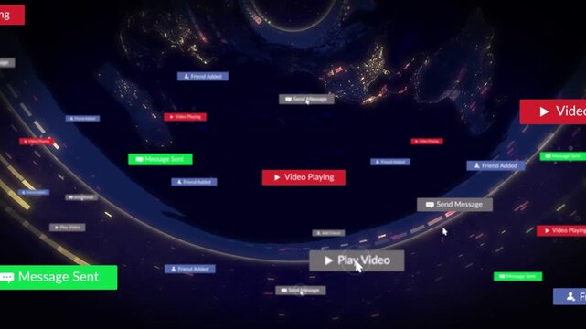 Rotating Earth and curved band, mouse cursor clicking, spawning UI tags showing messages, friends