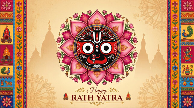 Lord Jagannath face vector with pink lotus petals and pattachitra folk art borders on beige vintage background for Rath Yatra festival banner
