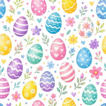 Cute watercolor easter egg pattern with flowers hearts and pastel spring seamless design