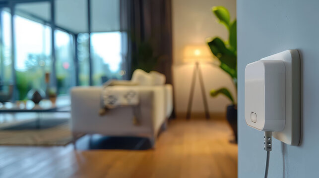 White smart home plug connecting to a wall outlet in a modern living room