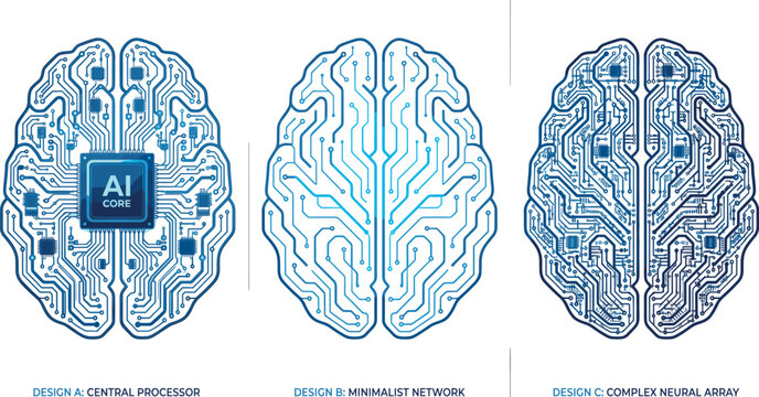 AI and Neural Network Brain Icons Set Featuring Central Processor, Minimalist Network, and Complex Neural Array Designs for Artificial Intelligence and Technology Themes