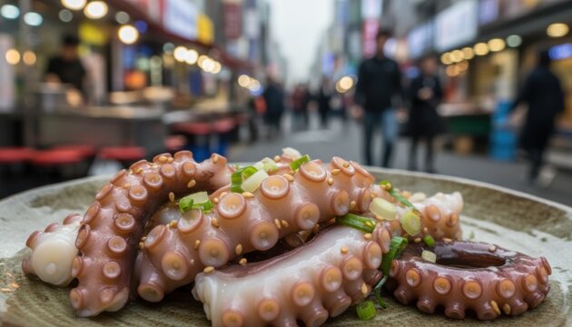 Fresh boiled octopus tentacles seasoned with green onions and sesame seeds served on a ceramic plate in a busy Asian street food market