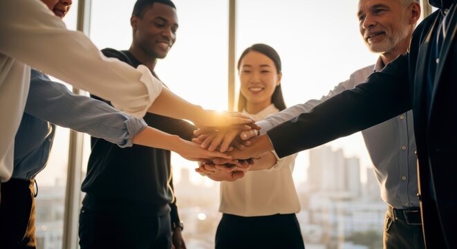 teamwork concept with diverse group of people stacking hands together in unity