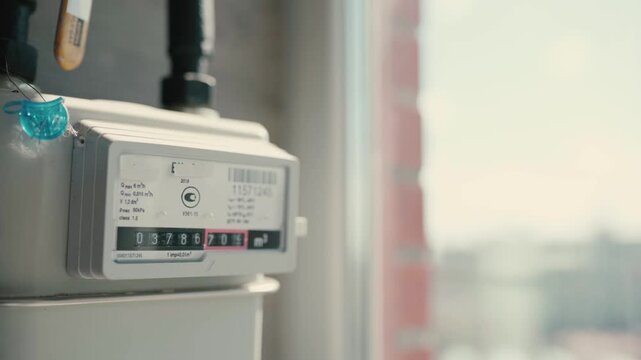A gas meter in an apartment in a new built building during construction. Utility bills and loans for living. Household and natural resource use indicators.