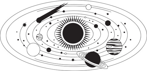 Sketch solar system. Hand drawn planets orbits, planetary and earth orbit vector illustration set. Astronomy themed coloring book drawings pack and Cosmic Space Illustration © KULSUM
