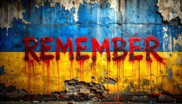 The word 'remember' is boldly spray-painted in dripping red letters on a distressed, crumbling wall, adorned with the national blue and yellow colors of the ukrainian flag, evoking themes of war.