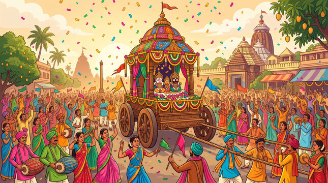 Lord Jagannath rath yatra vector illustration with devotees dancing and playing drums during street parade for traditional festival banner
