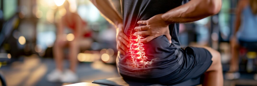 Athlete with lower back pain sitting on a gym bench in sportswear inside a bright fitness center now