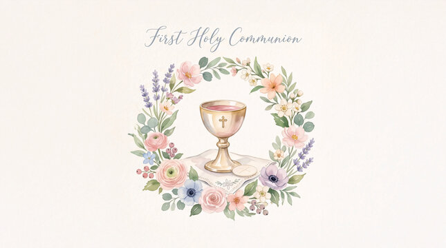 First holy communion wreath with chalice and flowers watercolor elegant composition