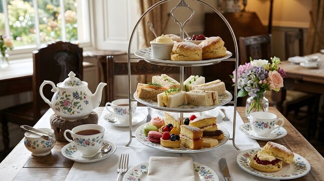 Tiered stand is filled with an assortment of delicate afternoon tea savories and sweets including scones sandwiches and cakes