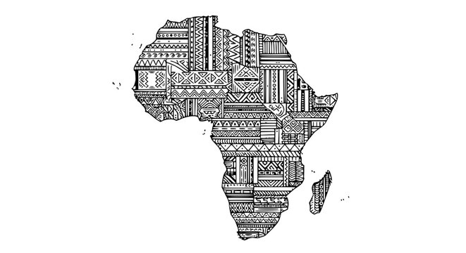 African continent map with tribal patterns, black and white design, isolated on white background.