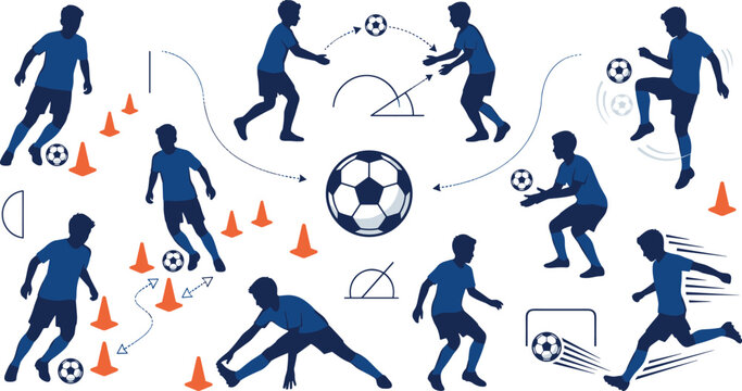 Blue silhouettes of children practicing soccer technical drills including ball control dribbling through cones and team coaching strategy icons.