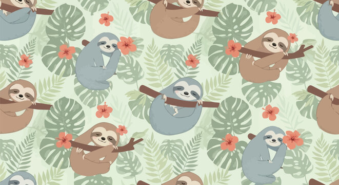 Sloths Hanging from Trees with Leaves and Flowers Tropical Pattern