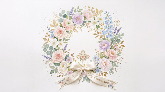 Rich floral wreath with bow elegant watercolor first communion decorative frame