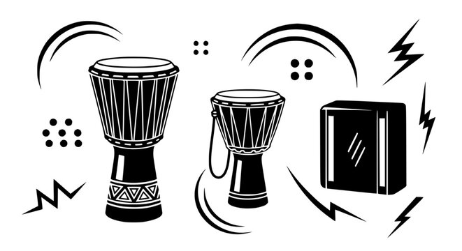 African Drums and Percussion Set - Djembe, Bongo, Conga - Black and White Illustration
