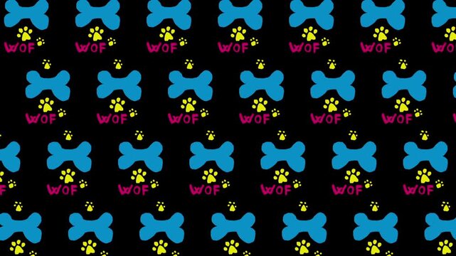 Neon Dog Bone and Paw Prints Seamless Pattern - Pulsating Colorful Pet Background Loop