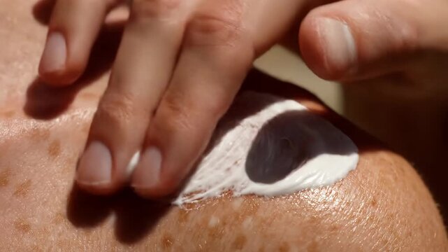 Macro shot of white sunscreen cream on freckled skin. Fingers spreading moisturizing lotion on shoulder. Sun protection concept