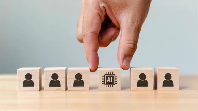 Hand placing AI block among human worker cubes, artificial intelligence replacing jobs in office, algorithmic decision making impact, generative automation disruption, workforce reskilling banner