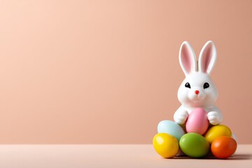 Obraz premium Elegant Easter Bunny Figurine Holding Pastel Eggs on Soft Background for Spring Decor