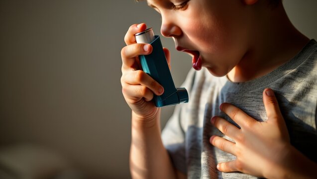 A young boy is shown using an inhaler to relieve his asthma symptoms, holding the device to his mouth and taking a deep breath, with his hand on his chest