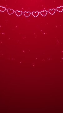 hearts string neon lights and glitter fall on red valentines day celebration and love animation, romantic valentine and wedding vertical social media motion background