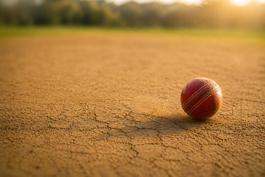 A single red cricket ball rests on a dry, cracked dirt pitch under the warm glow of the setting sun.