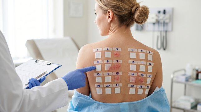 Physician reviewing allergy patch test results on woman back