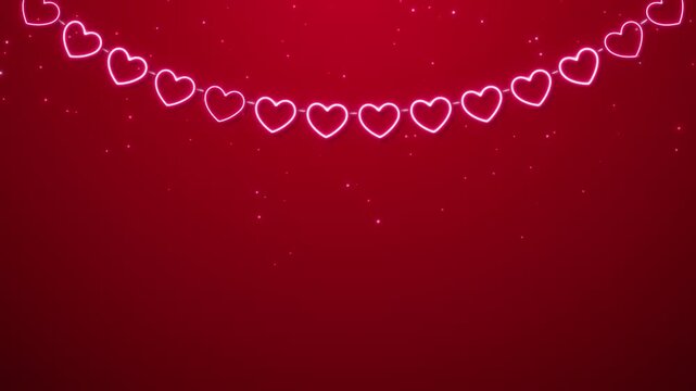 hearts string neon lights and glitter fall on red valentines day celebration and love animation, romantic valentine and wedding social media motion background