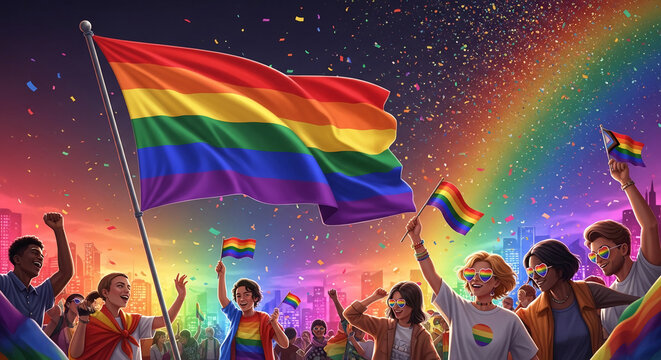 A vibrant parade scene with people celebrating and waving rainbow flags, showcasing diversity, pride, and community amidst colorful confetti and city buildings