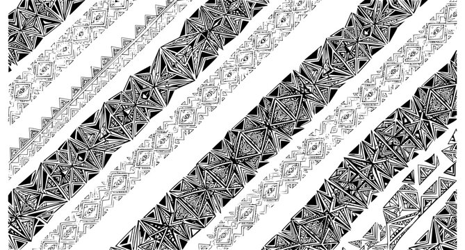 Ethnic geometric seamless pattern with polygon triangles and kite motifs in diagonal stripe vector design