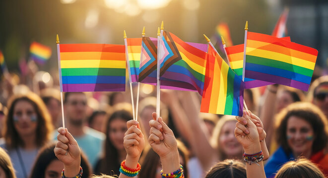 Pride flags waved by people at a festival, symbolizing equality and celebration, with bokeh background and warm sunlight