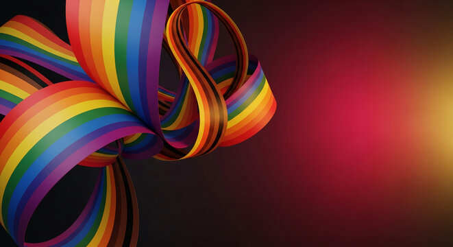 Flowing rainbow ribbons twist and turn against a dark background with a soft red and yellow gradient, symbolizing pride and diversity, perfect for social awareness campaigns.