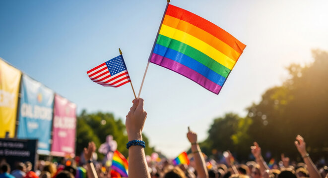 Hands hold rainbow and US flags during a sunny outdoor gathering, symbolizing diversity, pride, and national unity at a vibrant celebration