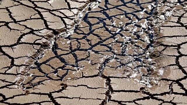 Dramatic view of fresh water stream flowing over dry cracked earth, liquid moisture filling deep soil crevices, life giving river washing parched ground in desert after long period of drought heat