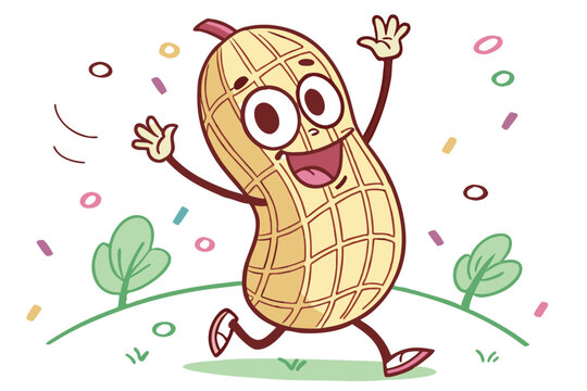 Funny cartoon peanut character running with arms in air, joyful expression, surrounded by colorful confetti and stylized trees, playful mascot, celebration concept, simple illustration.