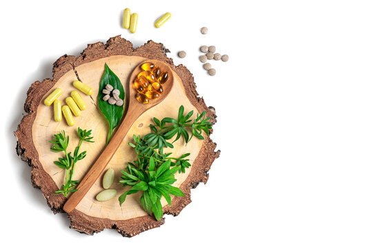 Natural herbal vitamins, plant based supplements and green herbs