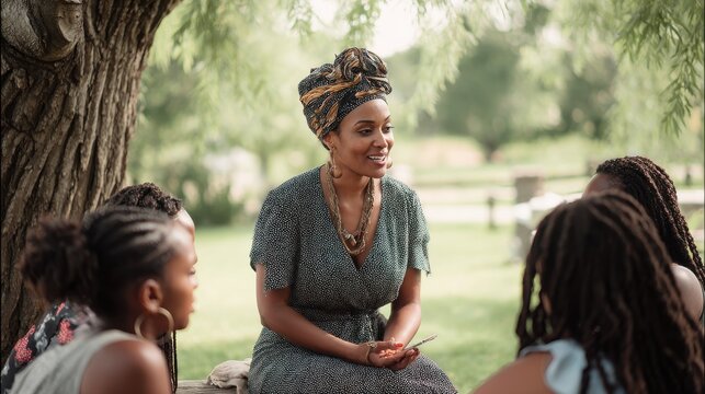 Diverse group of women gathered outdoors, sharing stories under a large tree. A group of African American women are sitting together in park, engaged in conversation and enjoying each other's company
