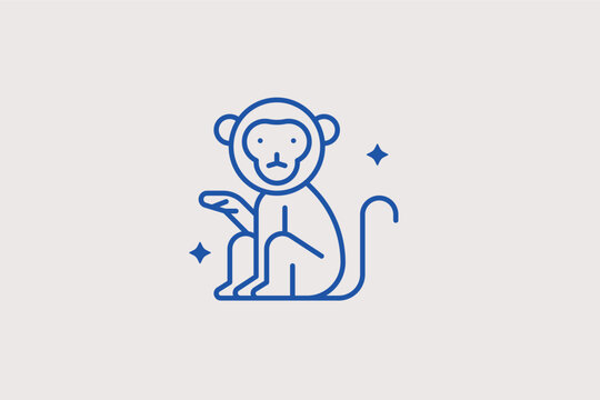 Primate monkey line icon for jungle animal exhibits and evolutionary biology studies. Curious vector illustration for interactive zoo maps and children's education apps.