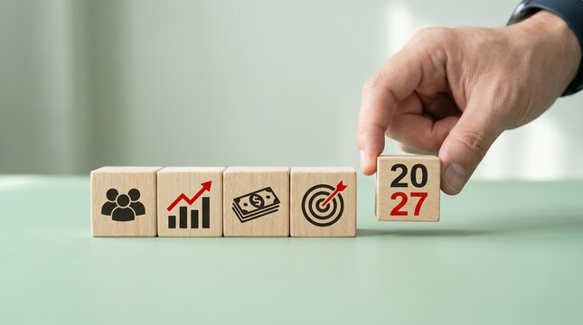 A hand placing a wooden block with 2027 on it next to blocks with business strategy icons.