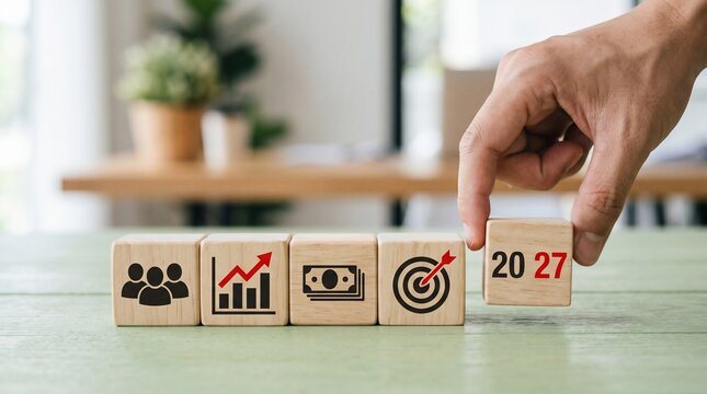 A hand placing a wooden block with 2027 on it next to blocks with business strategy icons.