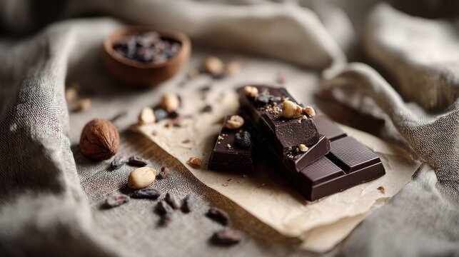 Rich dark chocolate bars topped with hazelnuts and cocoa nibs on parchment paper. Artisan dark chocolate bars are artfully arranged with whole hazelnuts and scattered cocoa nibs