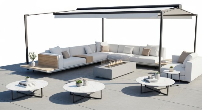 modern outdoor lounge furniture set with sectional sofa and coffee tables under a canopy