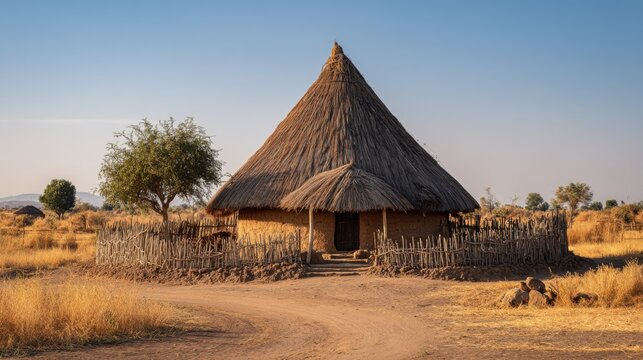 Traditional thatched roof mud hut dwelling in a dry African savanna landscape. A conical thatched roof mud house stands within a rustic wooden fence in a sun-drenched African grassland environment