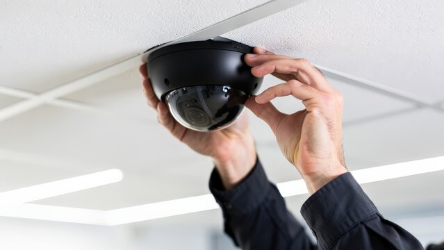 A person in a black uniform sleeve installing a black security camera on a white ceiling in an office setting with fluorescent lighting.