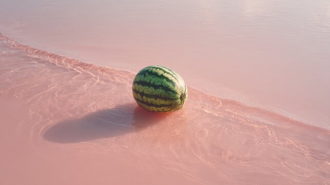 A single ripe watermelon rests gently in shallow pink water with gentle ripples. A whole watermelon floats in serene pink water, its striped rind contrasting with soft, pastel tones of tranquil liquid