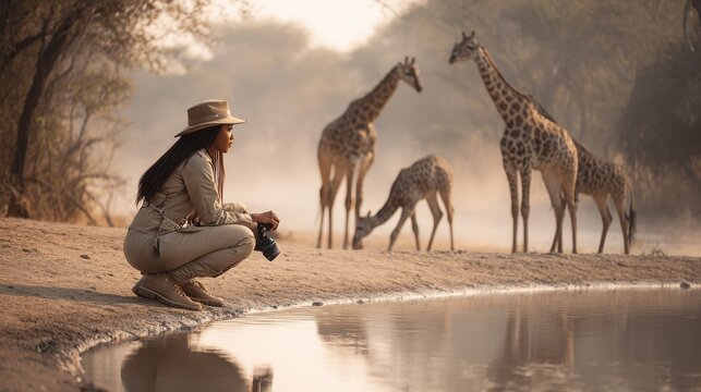 Woman photographer in safari attire observing giraffes at watering hole. Female wildlife photographer wearing hat khaki outfit crouches by water source, camera in hand, watching herd of giraffes drink
