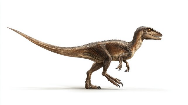 Detailed illustration of a Velociraptor dinosaur in profile on a white background. A realistic depiction of a Velociraptor, a small to medium-sized dromaeosaurid dinosaur, captured in a dynamic pose
